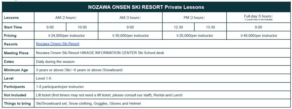 nagano ski school prices